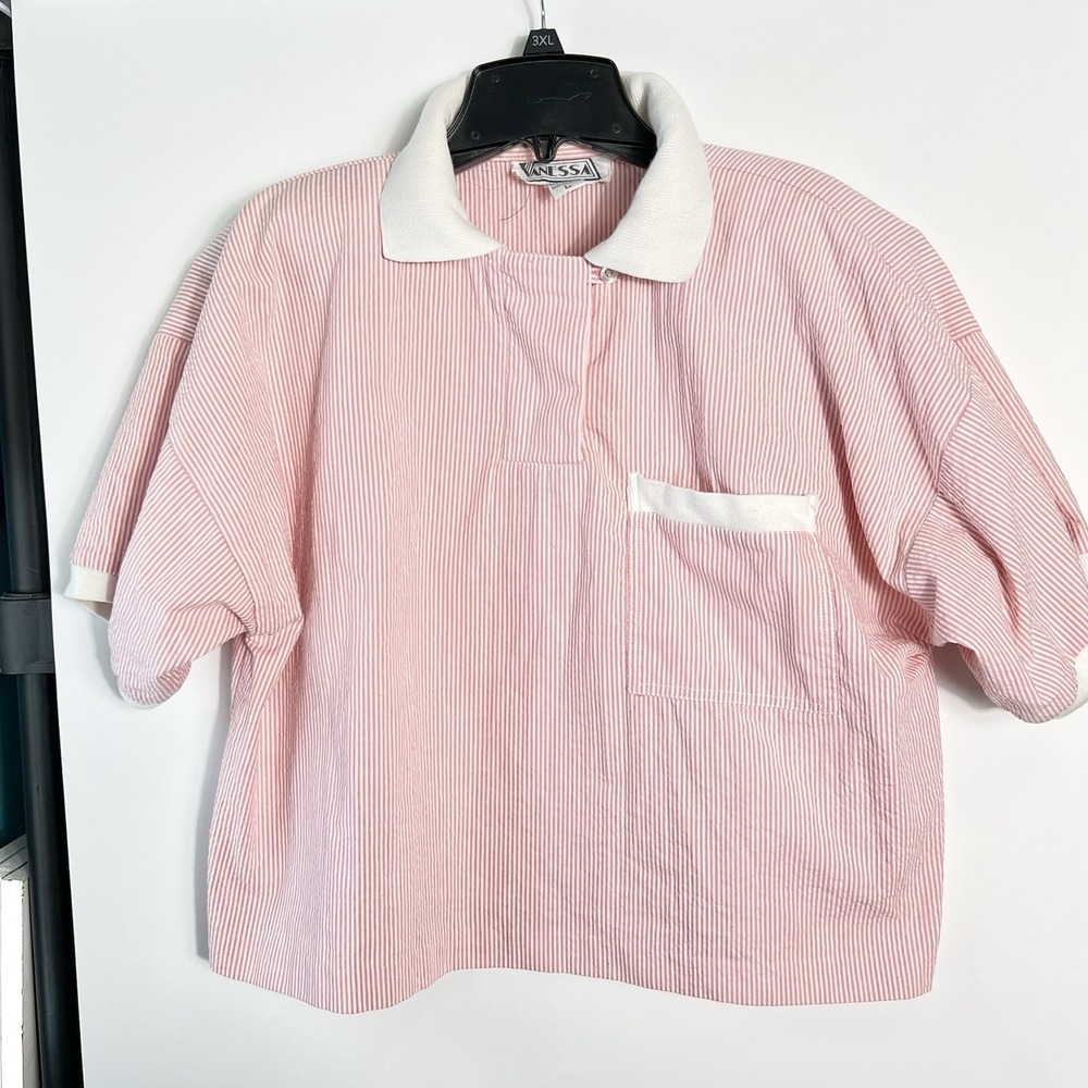 Vtg Vanessa Womens Sz L Pink Striped Short Sleeve Cropped‎ Collared Shirt *READ